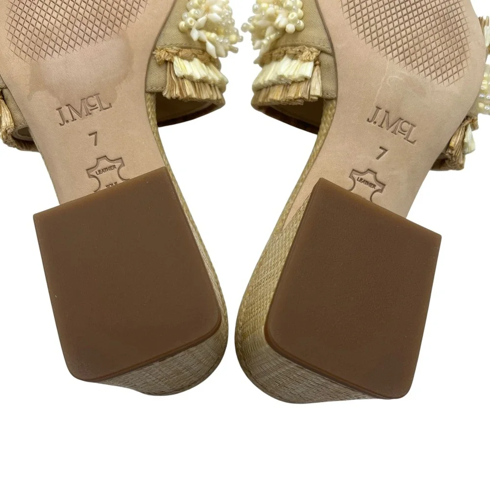 J.McLaughlin Seren Beaded Block Heel Sandals Beachwood Tan Cream Womens 7